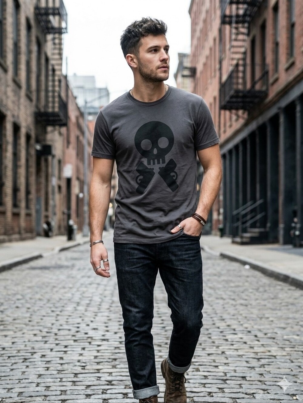 Sho Gun Dark Gray Skull & Crossed Pistols Graphic Tee, Size Medium